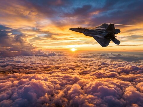 Majestic F-22 Raptor stealth fighter soaring high above a vast, beautiful sea of clouds at a breathtaking sunset. Power, precision, and freedom in the golden sky. Stunning aviation display.