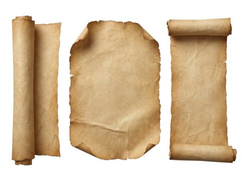 Three distinct pieces of aged, brown paper, including a rolled scroll and a distressed flat sheet. Perfect vintage background for antique documents, maps, or historical themes. Isolated on white.