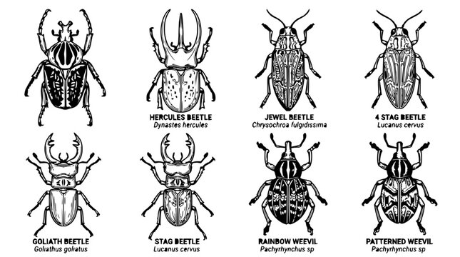 Beetle set with detailed illustrations featuring Lucanus hercules, Dynastes hercules, Pachyrhynchus sp. with Chrysochroa fulgidissima and Goliathus goliatus