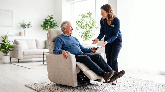 Senior man testing electric recliner chair with sales assistant in furniture store