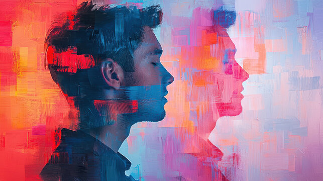 Striking portrait of young man with colorful abstract background, showcasing blend of vibrant hues and artistic brush strokes. image captures