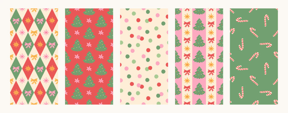 Set of trendy Christmas seamless pattern. Holiday rhombus ornament, bows, christmas tree, candy canes, festive stripes, stars, confetti. Vector modern print for fabric, wallpaper, wrapping paper.