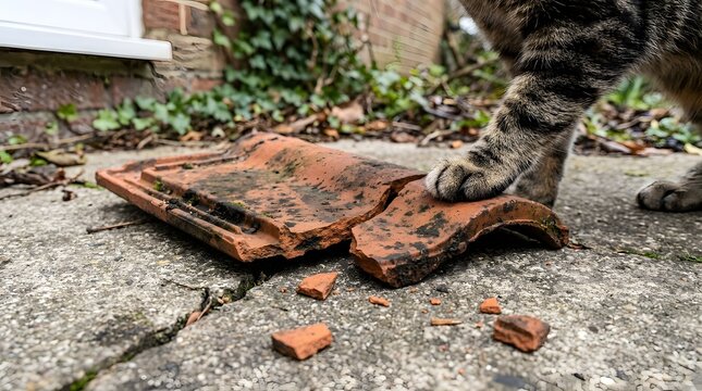 Cat stepping on a broken clay roof tile outdoor
