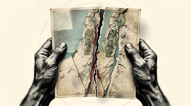 Dramatic depiction of a cracked and torn map revealing underlying terrain features and geological formations with realistic hand