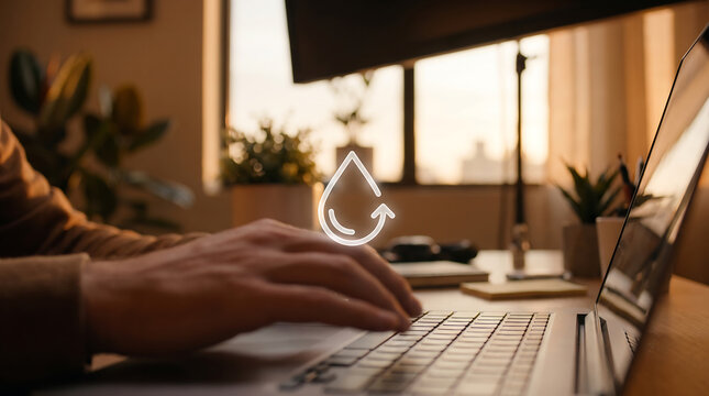 Hand Typing on Laptop with Water Drop Recycle Icon Eco-Friendly and Sustainable Tech Concept