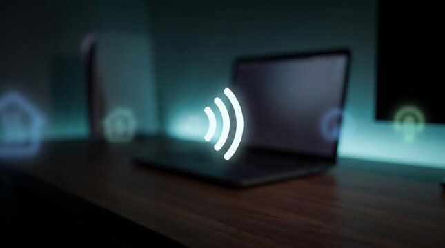 Glowing Motion Sensor Icon Above Laptop Smart Home Security and Detection Concept