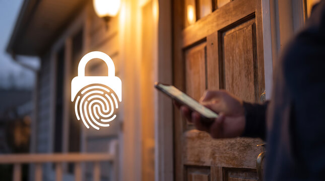 Hand Holding Smartphone with Glowing Padlock and Fingerprint Icon Smart Home Security and Access Control Concept