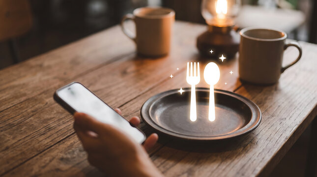 Hand Holding Smartphone with Glowing Cutlery Icons Food Ordering and Restaurant App Concept