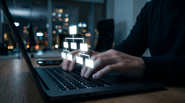 Hand Typing on Laptop with Network Connection Icon Data Link and Cloud System Concept