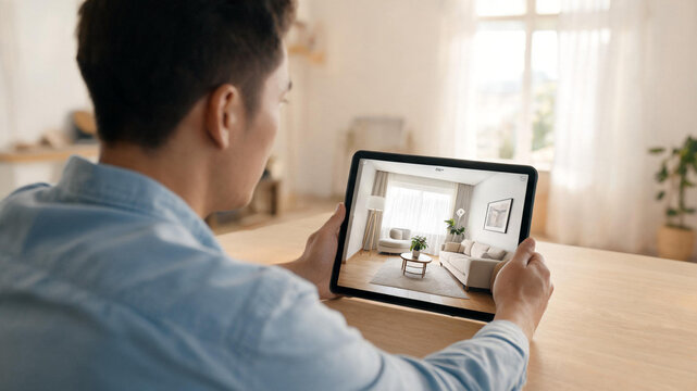 Man Holding Digital Tablet Showing Interior Design Concept Mockup in Room