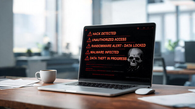 Laptop Screen Displaying Cyber Attack Malware Alert and Ransomware Threat Warning