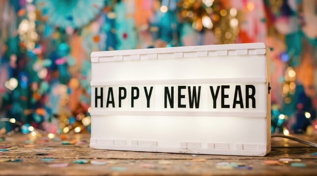 A vibrant and cheerful happy new year message is displayed on a lightbox surrounded by colorful confetti and shimmering golden decorations signifying celebration