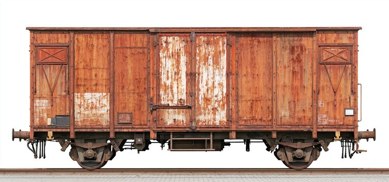 An abandoned railway scene featuring a weathered freight car with aged, peeling paint and rusted metal.