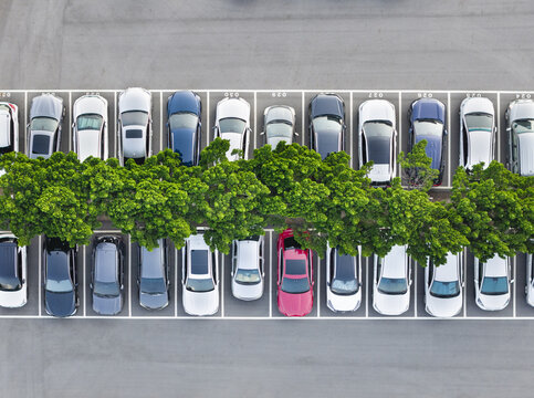 Aerial view of a parking lot with rows of cars separated by a line of green trees on an asphalt surface in Taiwan.