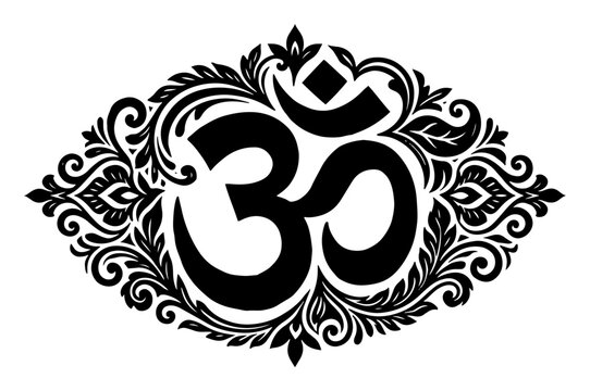 Sacred om aum symbol framed with ornate floral mandala ornament in decorative silhouette style