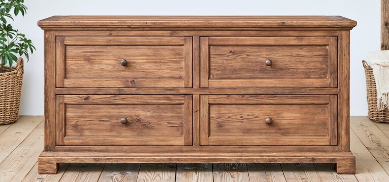 In a cozy rustic room, a vintage oak dresser showcases natural wood texture and traditional design.