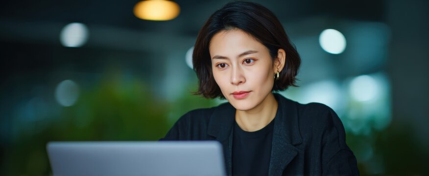 Driven Asian female entrepreneur dancing with her laptop at a chic office desk