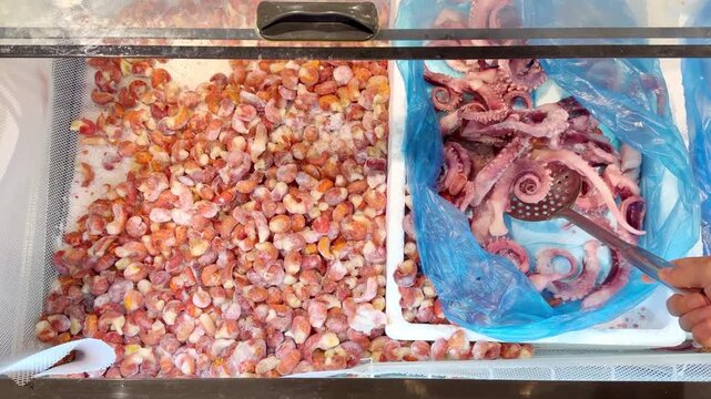 Hand Using Scoop to Select Frozen Squid Tentacles and Shellfish from Open Supermarket Freezer &ndash; Bulk Seafood Self-Service Display