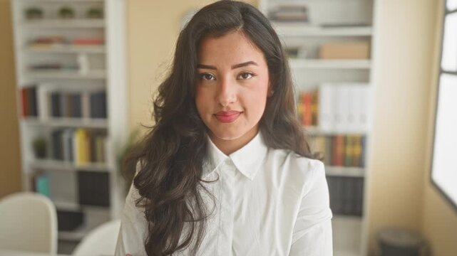 Woman smiles at camera in a white collared blouse with bookshelves and binders visible in an office building; approachable confidence.