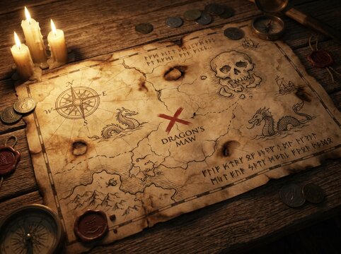 Old treasure map on a wooden table, lit by candles. Features a compass, coins, wax seals, sea monsters, skull, and "X" marking "Dragon's Maw." Perfect for adventure, fantasy, and discovery.