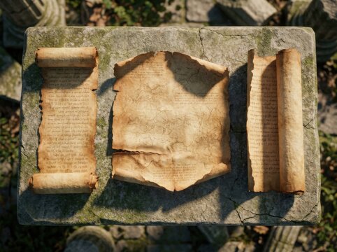 Ancient, weathered scrolls and a mysterious map with cryptic text lie on a moss-covered stone slab, bathed in natural, dappled sunlight. Evokes history, discovery, and untold secrets.