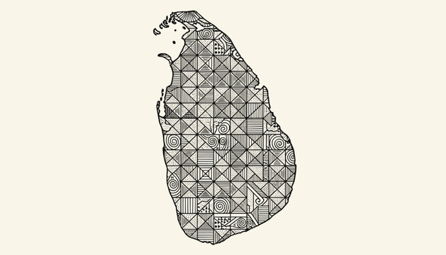 Intricately detailed geometric map of Sri Lanka filled with beautiful line art patterns on light cream background.