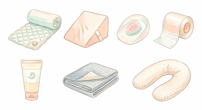 褥瘡ケアと体位変換の用品 アイコンセット 水彩