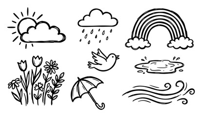Obraz premium Weather and spring nature elements collection in hand drawn doodle sketch style