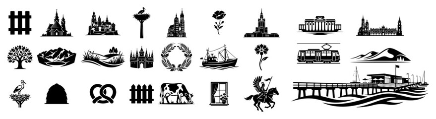 Fototapeta premium Collection of European landmarks and cultural symbols including churches tram and landscape in silhouette style