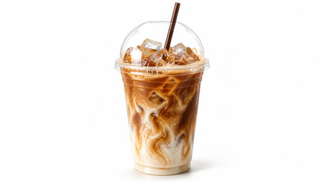 Refreshing iced coffee with cream and ice in a clear plastic cup