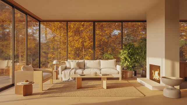 Modern minimalist living room interior with cozy sofa and fireplace overlooking beautiful golden autumn forest scenery through large glass windows