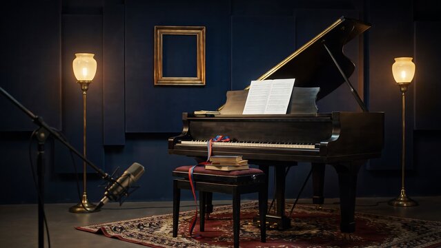 Grand piano with sheet music in a dimly lit studio featuring two floor lamps, a microphone, stacked books and an ornate rug on a dark blue wall room