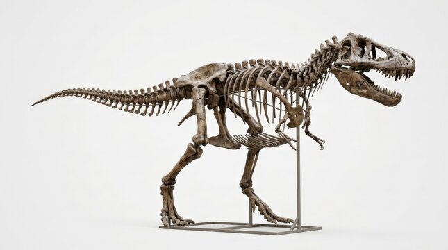 A detailed 3d illustration of a tyrannosaurus rex dinosaur skeleton standing against a clean white background, showcasing its massive bones, sharp teeth, and imposing prehistoric posture