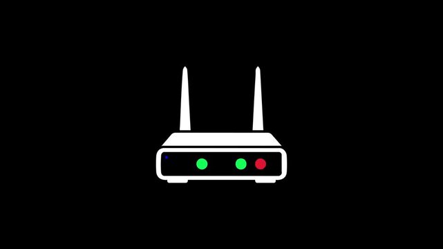Minimalist white icon of a wireless internet router with status lights isolated on a black background