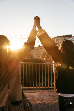 Rear view of female friends holding hands in air against sky at sunset