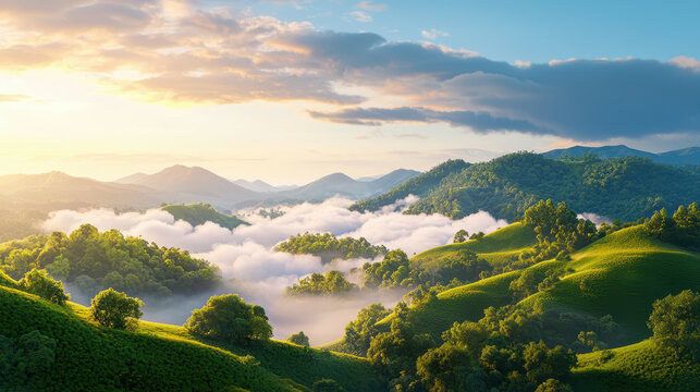 Serene landscape featuring rolling green hills, misty valleys, and vibrant sunrise illuminating sky. scene evokes tranquility and natural beauty