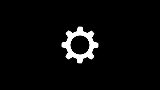 A simple white gear icon isolated on a solid black background representing settings or mechanical engineering concepts