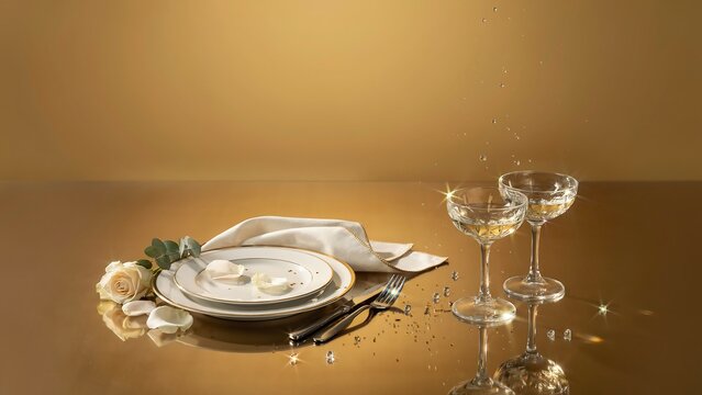 Elegant dinner table setting with white plates and wine glasses on a warm brown background