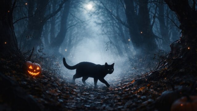 Mysterious cat in eerie forest desktop wallpaper
