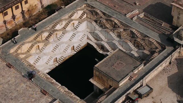 Aerial view of ancient panna meena ka kund stepwell, an architectural marvel in jaipur, india