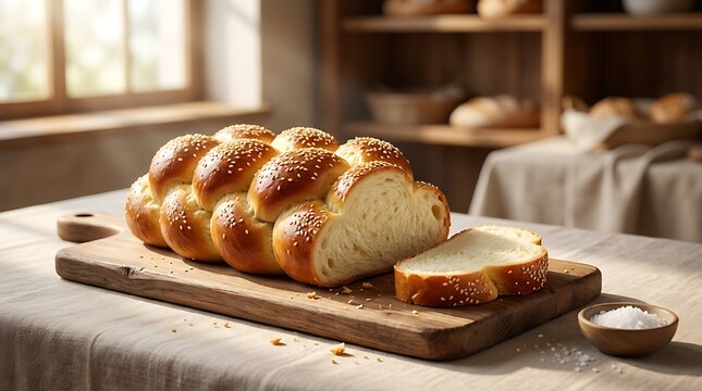 Fresh braided challah bread loaf sliced on a wooden cutting board in a rustic bakery kitchen setting. Hebrew cuisine recipes