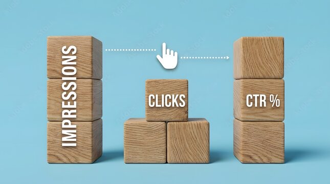 Digital marketing metrics concept impressions to clicks to click through rate visualization