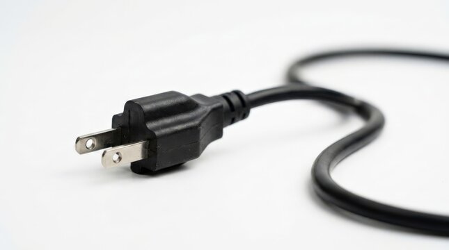 A close up view of a standard black electric power plug with metallic prongs resting on a clean white surface, symbolizing the concept of being unplugged and disconnected