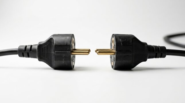 Two black electrical plugs facing each other with prongs extended on a light background create an unplugged concept symbolizing disconnection, isolation, and interrupted power