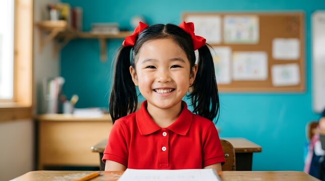 Young asian schoolgirl sitting at a desk in a classroom