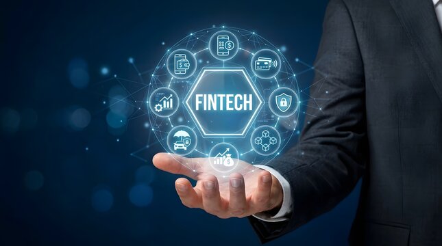 Fintech concept with businessman and digital icons