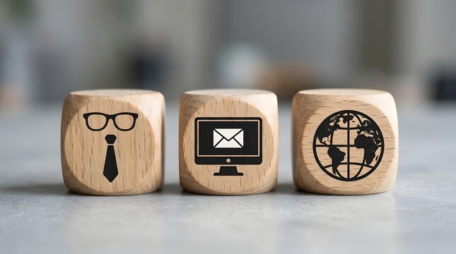 Wooden blocks with business and communication icons on a gray surface