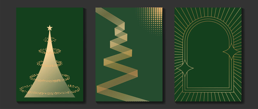 Merry Christmas and Happy New Year poster templates set. Vector green and gold holiday backgrounds with abstract Christmas tree, ribbon tree and elegant arch frame designs for greeting cards and cover