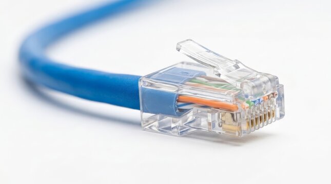A close up view of an ethernet cable that is unplugged on a clean white surface highlighting the transparent plastic connector and colorful internal wires, underscoring the internet wire