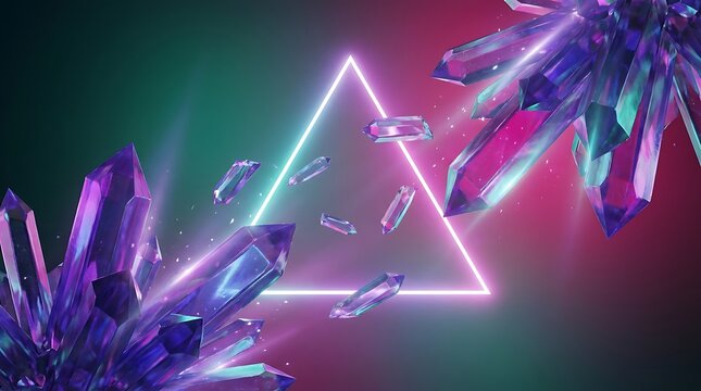 Vibrant neon triangles and amethyst crystals against a colorful gradient background
